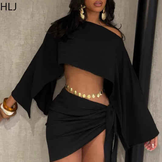 HLJ Elegant Off Showlder Two Piece Outfits Woman Summer One Shoulder Flared Sleeve Loose Crop Top and Skirt Suit Streetwear New