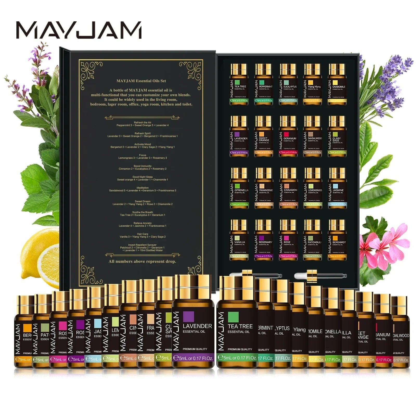 MAYJAM Pure Natural Essential Oils 20pcs Kits Gift Box Sandalwood Lemongrass Lavender Bergamot Eucalyptus Rosemary For Diffuser Luxlife Brands