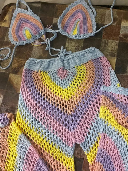 Aproms Elegant Colorful Cotton Blend Crochet 2 Piece Set Women 2022 Summer Festival Stretch Top and Pants Beach Outfit Coverup