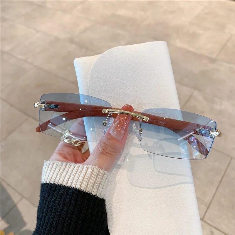 KAMMPT Rimless Sunglasses For Men Women Wooden Pattern Luxury Brand Retro Sun Glasses Fashion Shades UV400 Travel Outdoor Luxlife Brands