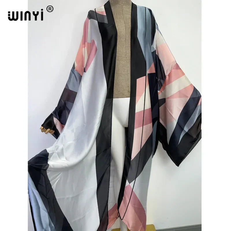 2022 WINYI Summer Beach Wear Swim Suit Cover up boho fashion printing elegant sexy Holiday party long Sleeve Cardigan dress Luxlife Brands