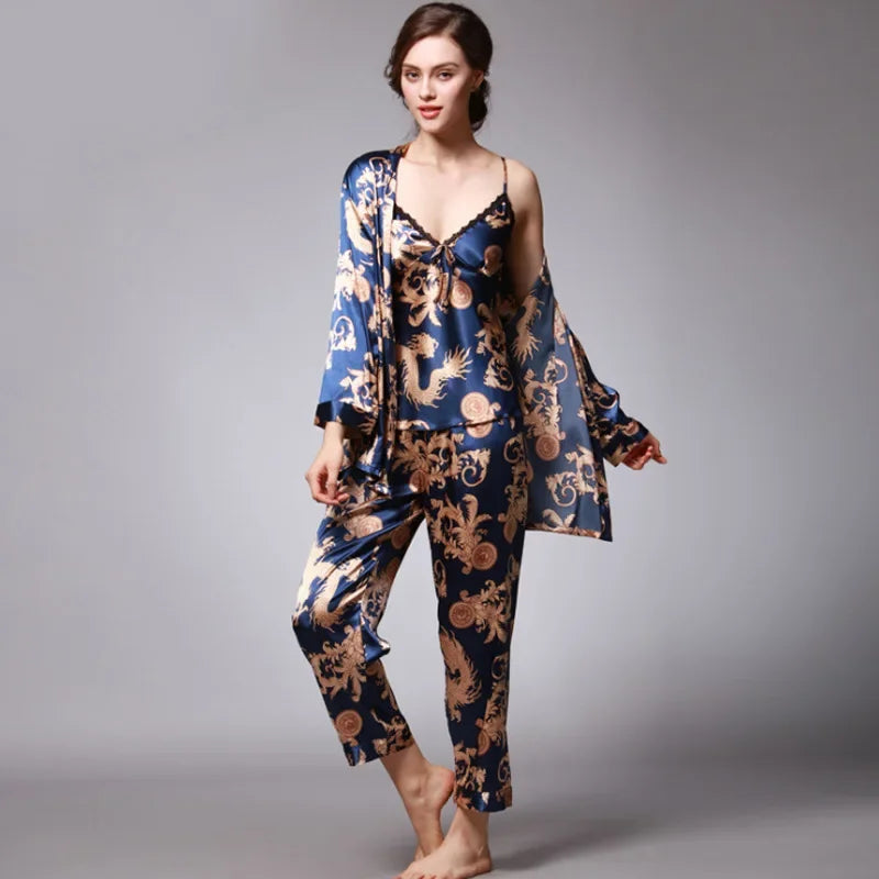 Women's Silk Satin Pajamas Set 3 Pcs Floral Silky Pj Sets Sleepwear Cami Nightwear with Robe and Pant Luxlife Brands