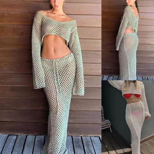 Women Summer 2PCS Beach Cover Up Dress Sexy See-through Hollow Out Short Tops+Long Skirt Swimsuit Cover Up Dresses Vacation LUXLIFE BRANDS