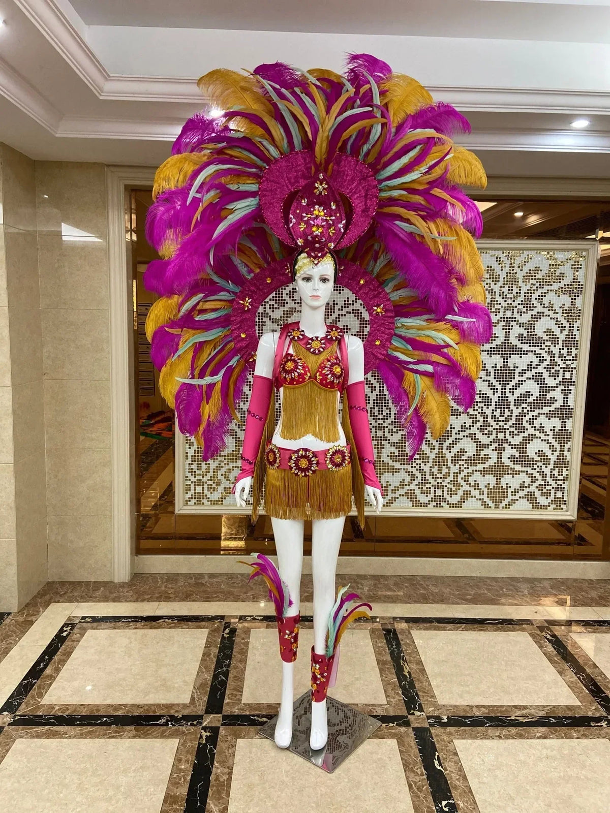 Regal Feathered Backpiece and Rhinestone Costume Set