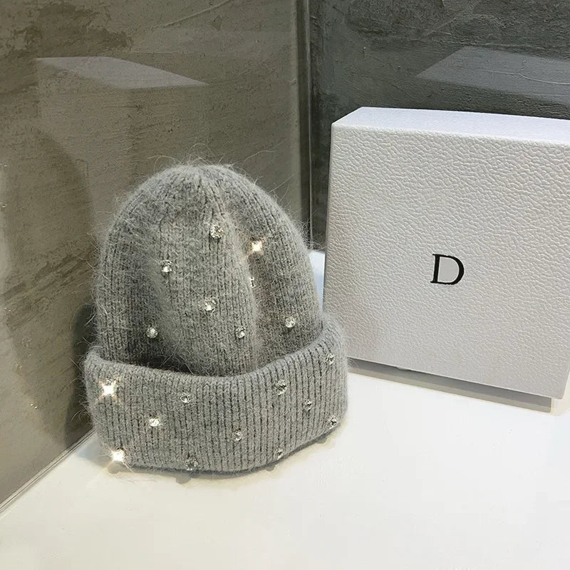 Luxury Rhinestone Beads Knitted Hat Korean Women Rabbit Fur Wool Skullies Cap Winter Fashion Thickened Warm Bonnet Beaanies Luxlife Brands