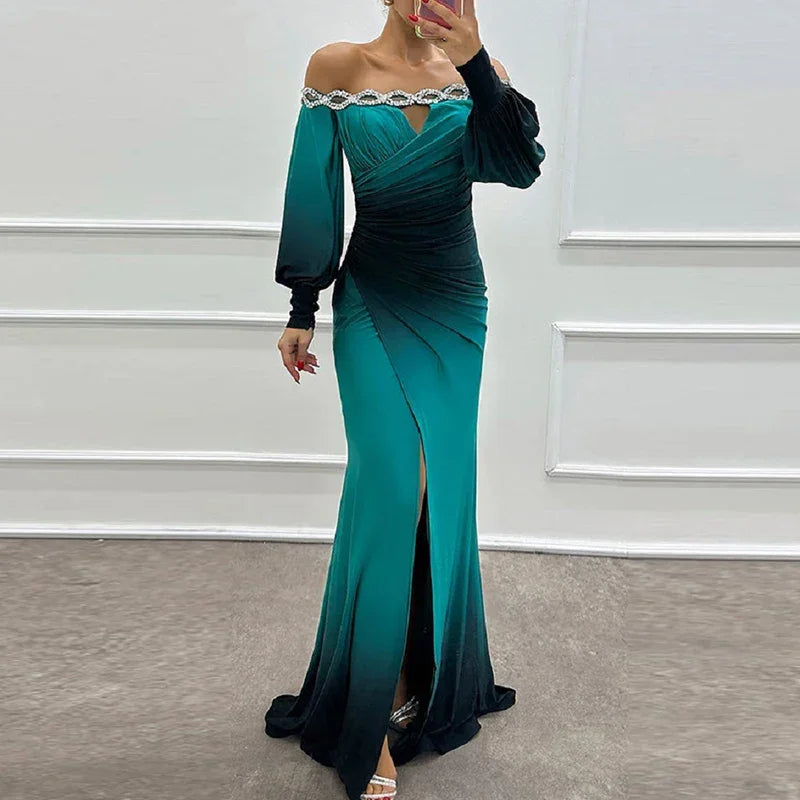 Fashion Patchwork High Waist Dress Casual Contrasting Color Pleated Slim Long Dress New Off Shoulder Lantern Sleeve Party Dress Luxlife Brands