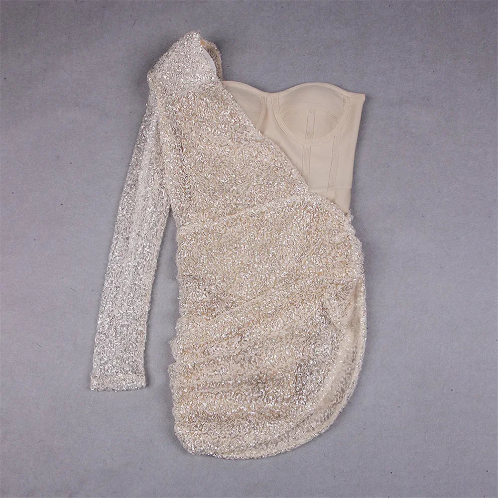 Women Bandages Dress Sexy Sequins One Shoulder Patchwork Clothes 2022 New Celebrity Party Club Mini Dresses LUXLIFE BRANDS