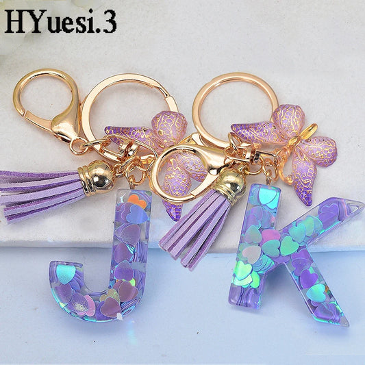 Purple Sequin Filled Name Keychain Butterfly Tassel 26 Alphabet Initials Keyrings Purse Wallet Handbag Ornament Women Girls Gift LUXLIFE BRANDS
