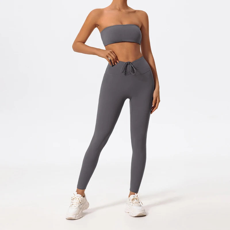 Ctenkevet Summer Women's Breathable Yoga Set Female High Waist Drawstring Sports Suit 2ps Women Fitness Wear Strapless Bra Woman Luxlife Brands