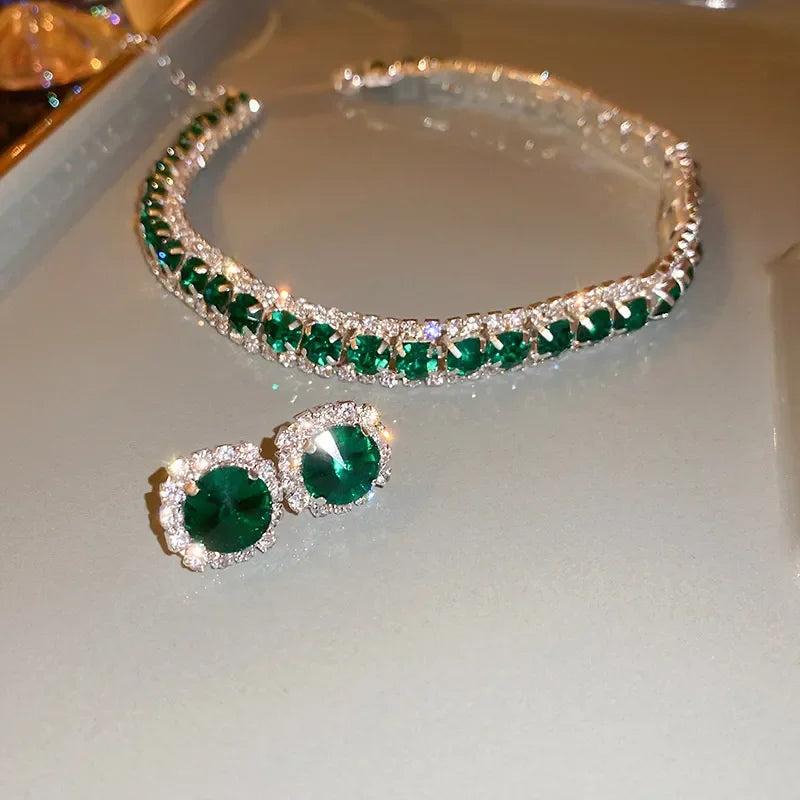 FYUAN Luxury Necklace Earrings Sets Green Crystal Necklace Women Weddings Bride Jewelry Accessories LUXLIFE BRANDS