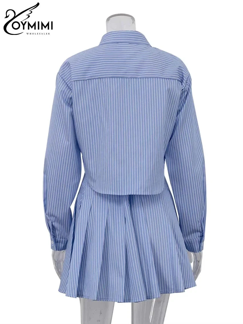 Oymimi Elegant Blue Striped Print Sets For Women 2 Pieces Fashion Long Sleeve Button Crop Tops And High Waist Pleated Skirts Set Luxlife Brands