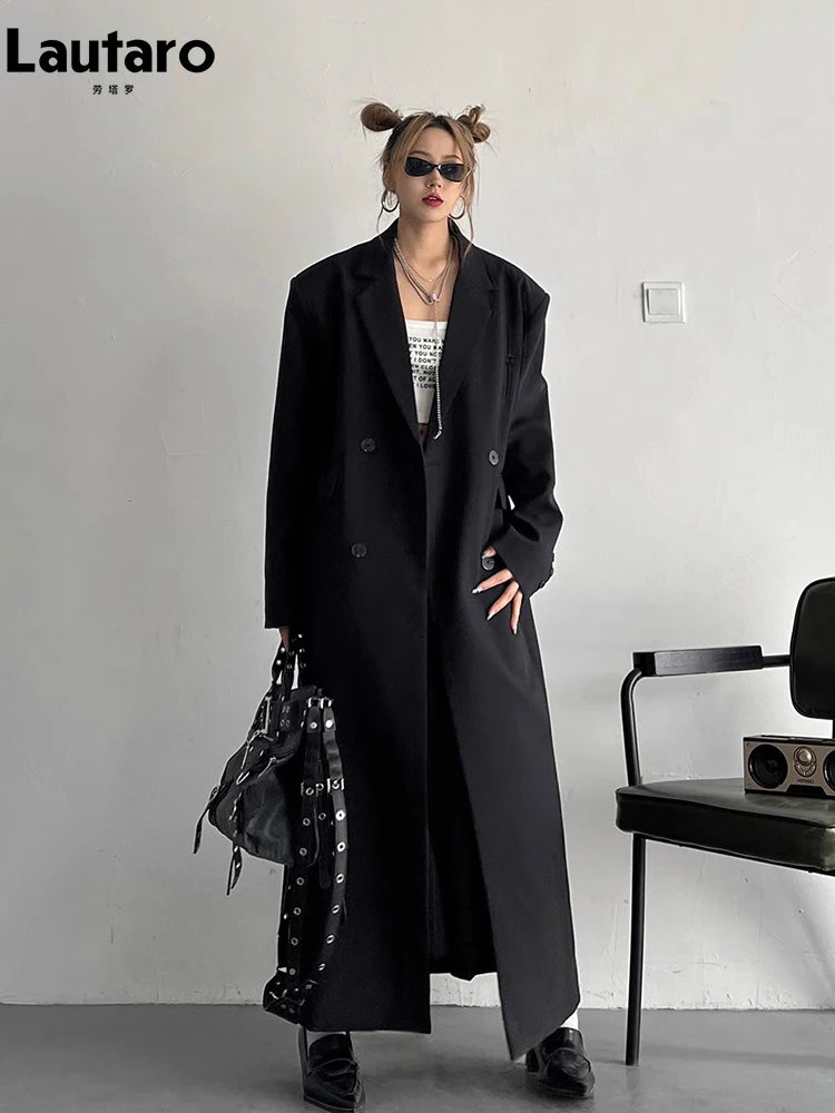 Lautaro Spring Autumn Long Grey Black Trench Coat for Women Double Breasted Loose Casual Korean Fashion Clothing Blazer 2023 LUXLIFE BRANDS