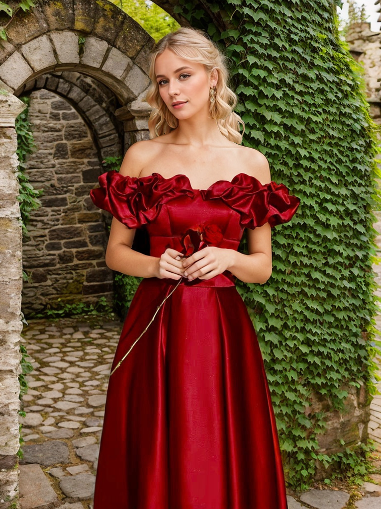 Sexy off-the-shoulder long princess style A-line satin prom dress with Ruffled sleeves SelenaHuanStudio
