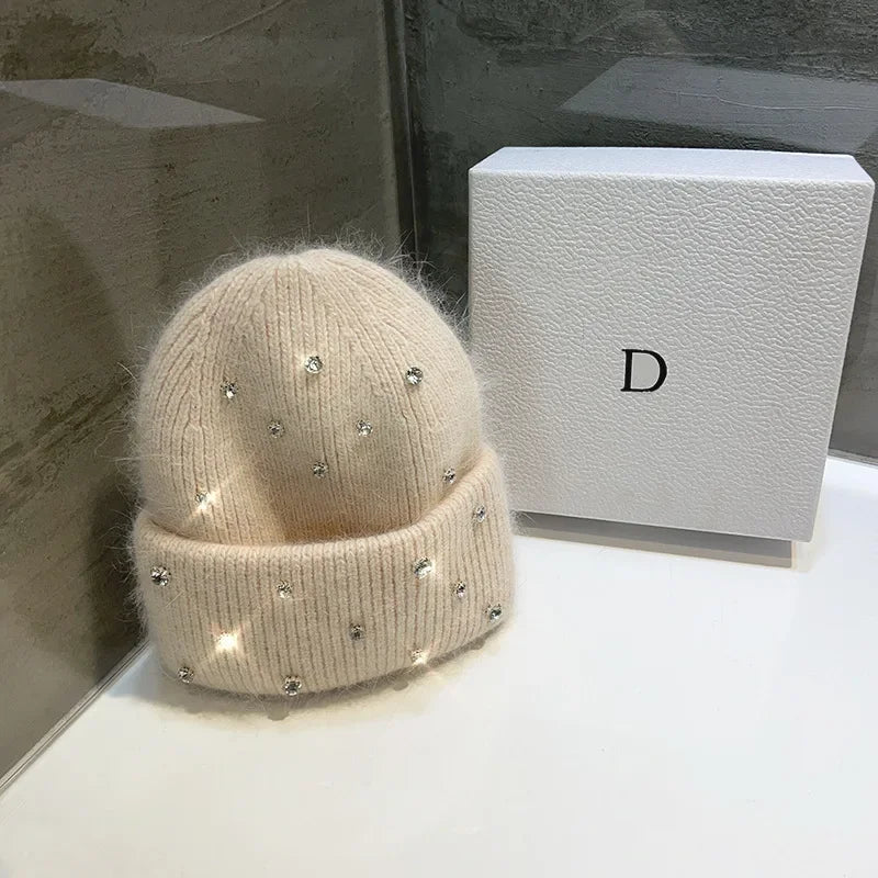 Luxury Rhinestone Beads Knitted Hat Korean Women Rabbit Fur Wool Skullies Cap Winter Fashion Thickened Warm Bonnet Beaanies Luxlife Brands