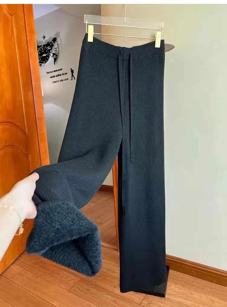 2023 Slim Simple Knit Wide-leg Pants Women's Autumn and Winter High-waisted Moped Pants Thick Casual Pants Straight Luxlife Brands