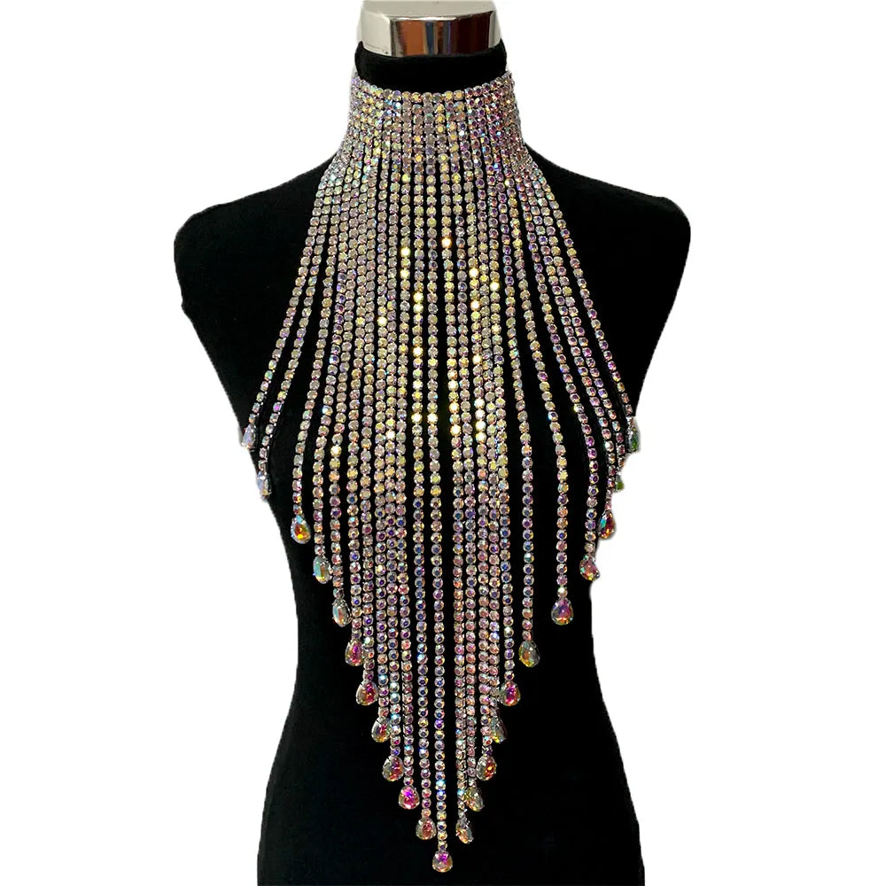 Luxury Rhinestone Long Tassel Statement Choker – Waist-Length Crystal Drop Necklace for Weddings, Galas & High-Fashion Clubwear