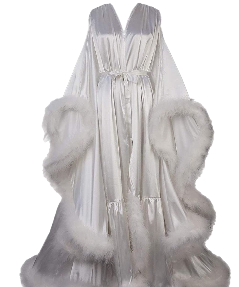 Silky Satin Feather Fringe Hem Long Robe (Victorian Style) - next day shipping selective colors SelenaHuanStudio