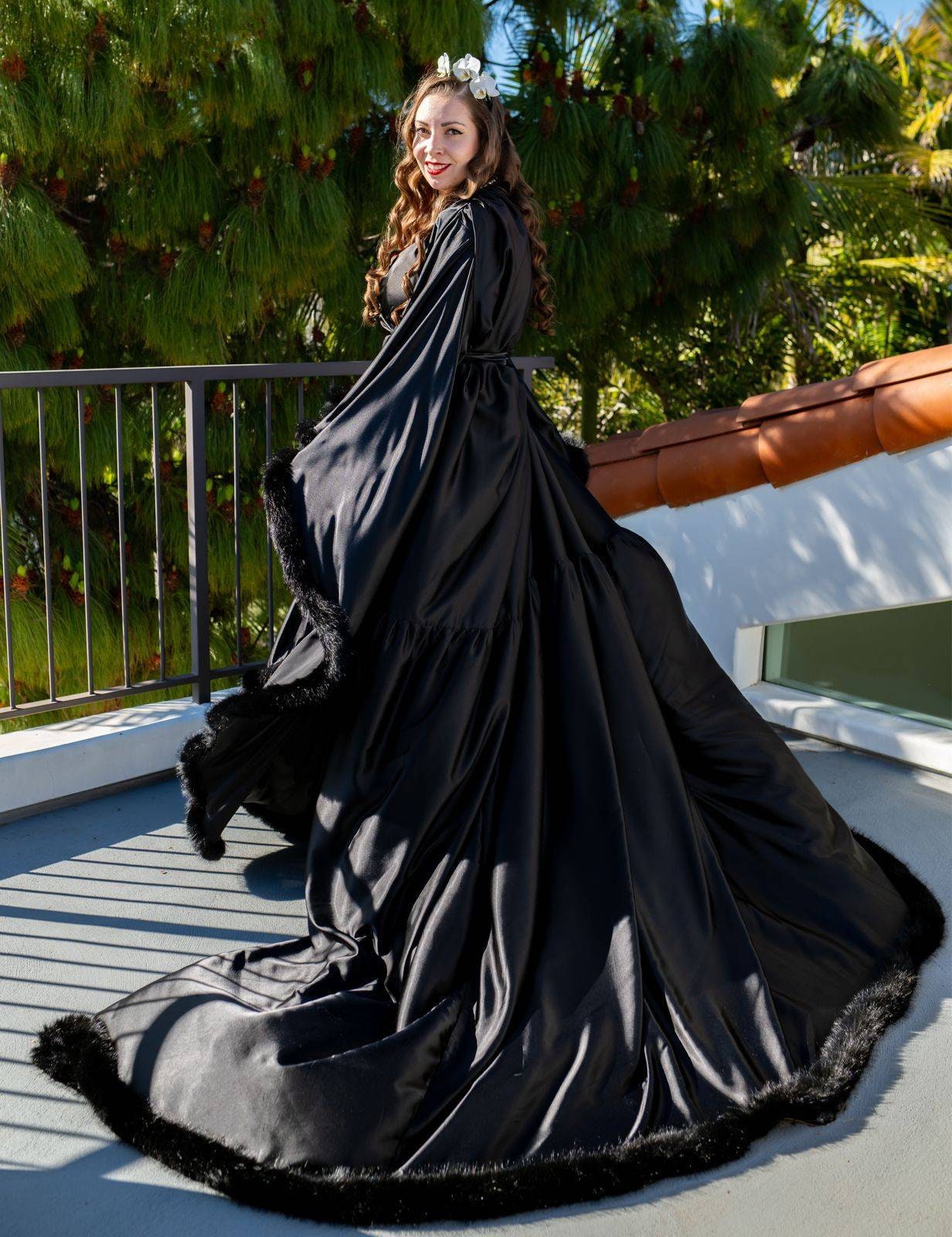 Silky Satin Feather Fringe Hem Long Robe (Victorian Style) - next day shipping selective colors SelenaHuanStudio