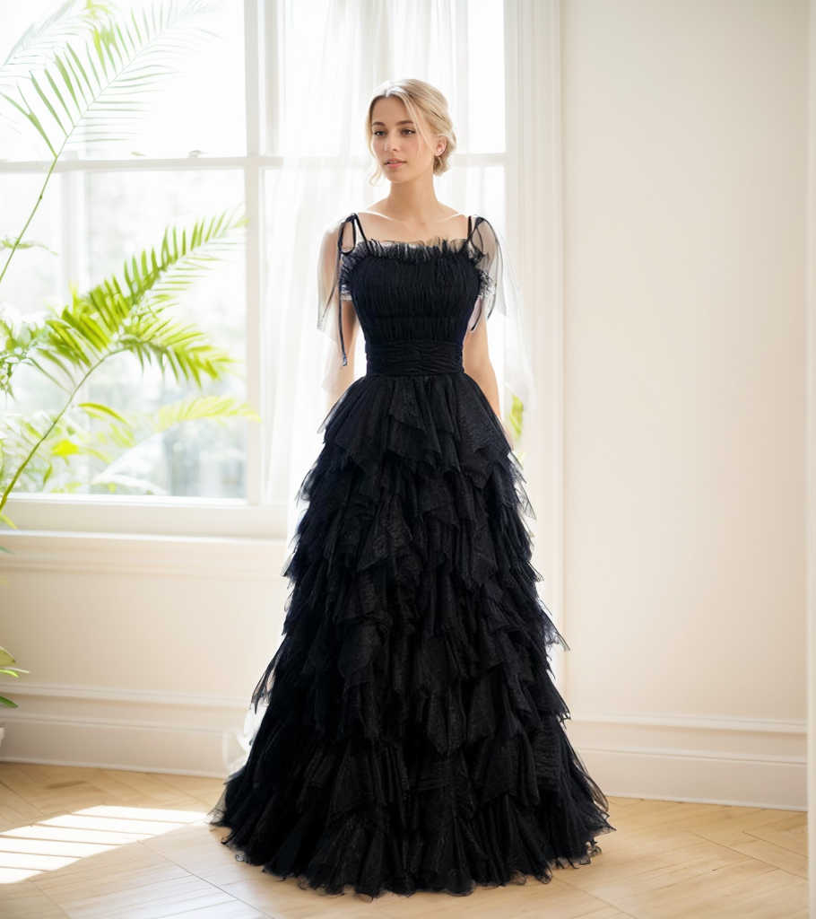 Spaghetti-straps Pleated bodice Ruffle Layered tutu soft tulle prom dress SelenaHuanStudio