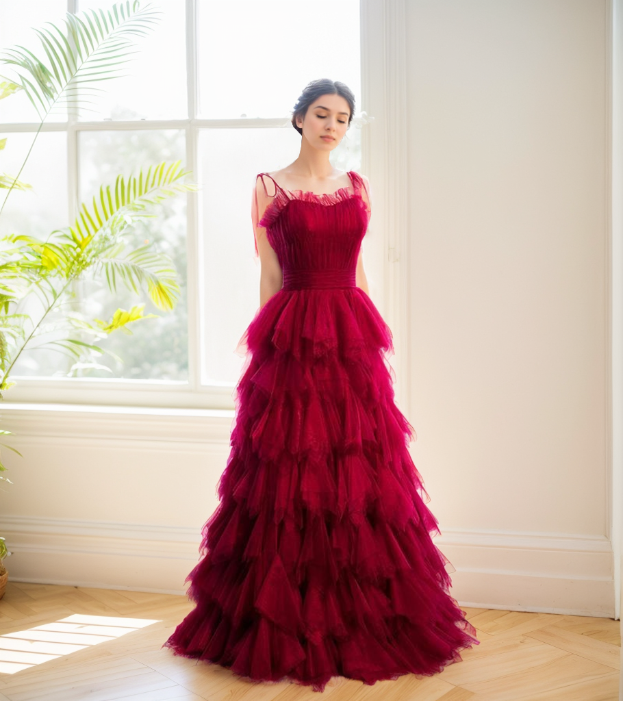 Spaghetti-straps Pleated bodice Ruffle Layered tutu soft tulle prom dress SelenaHuanStudio