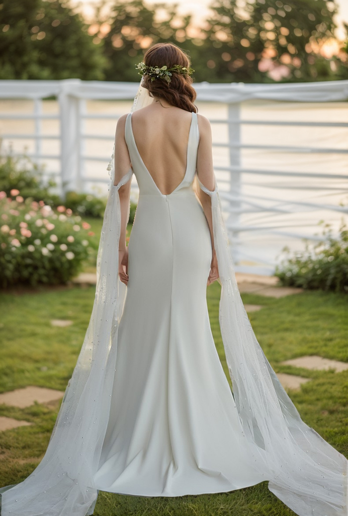 V-neck Low back wide straps Mermaid Satin wedding dress with beaded soft tulle ribbon SelenaHuanStudio