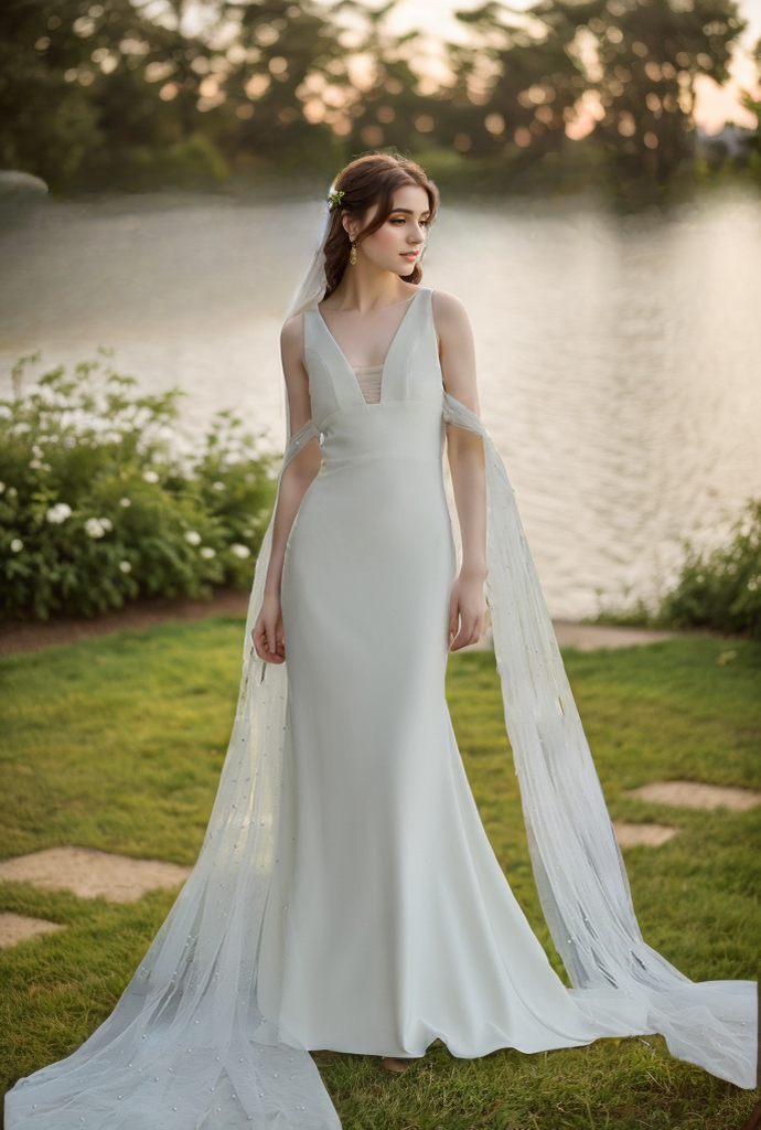 V-neck Low back wide straps Mermaid Satin wedding dress with beaded soft tulle ribbon SelenaHuanStudio