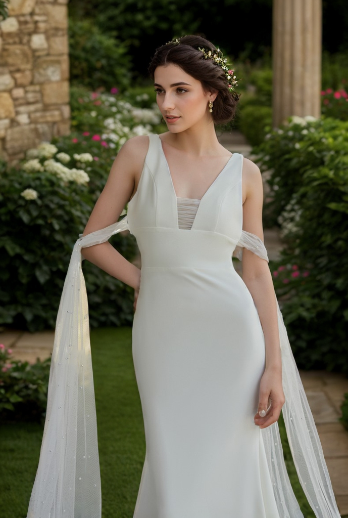 V-neck Low back wide straps Mermaid Satin wedding dress with beaded soft tulle ribbon SelenaHuanStudio