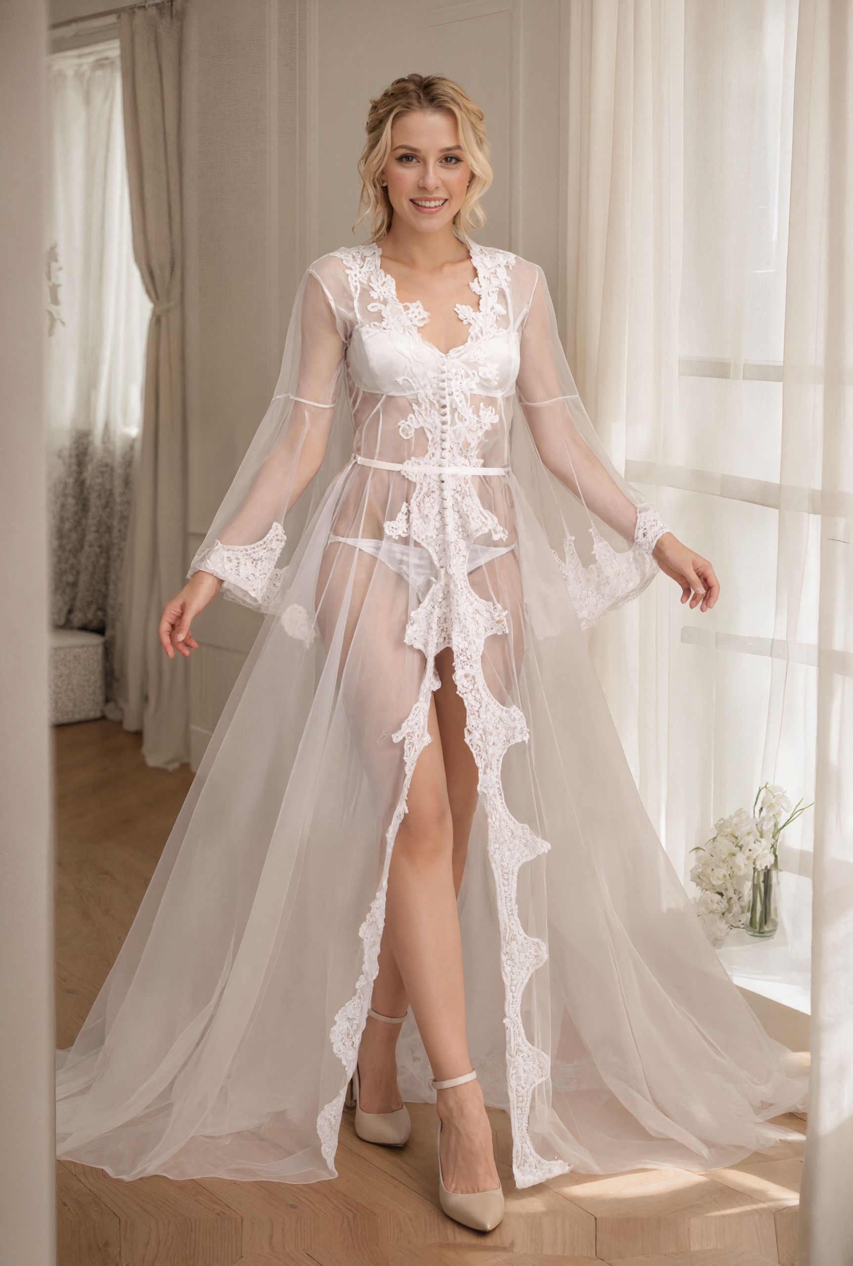 Pearl Beaded Lace Hem Long Robe with Satin Nightgown SelenaHuanStudio