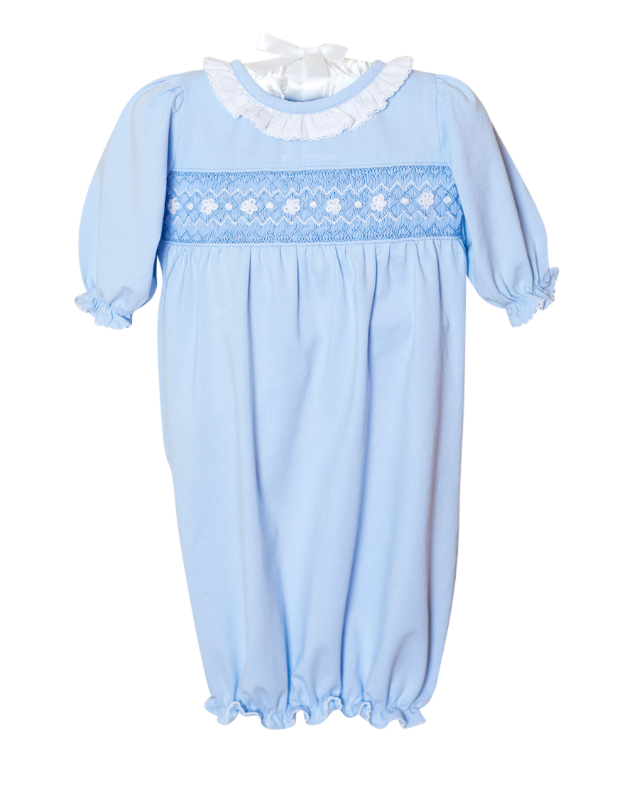 Smocked Baby Gown For Girl in Pale Blue Knit Smockingbird