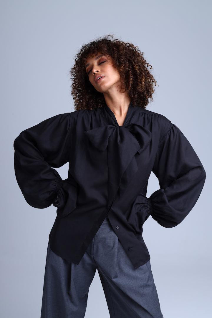Protagonista Tencel Bow-Tie Black Blouse With Voluminous Airy Sleeves ETNA