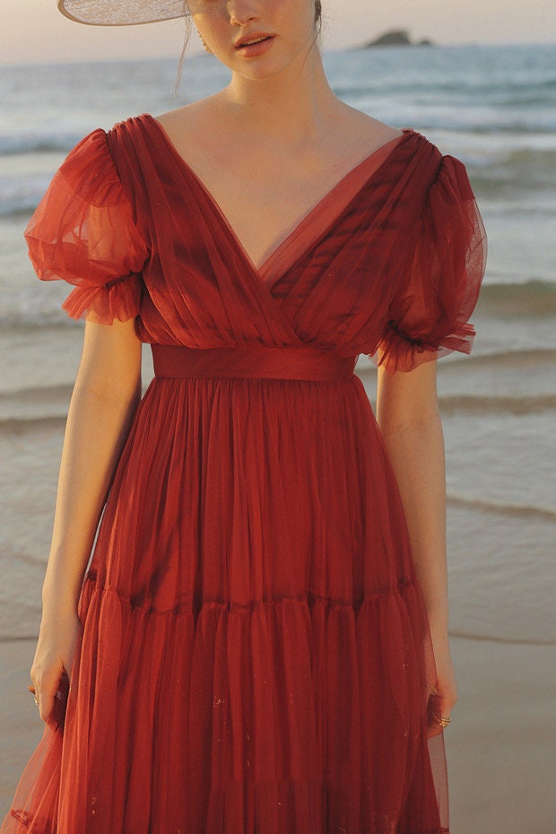 Cape-shoulder short sleeves ruched bodice V-neck layered skirt long tulle prom dress SelenaHuanStudio