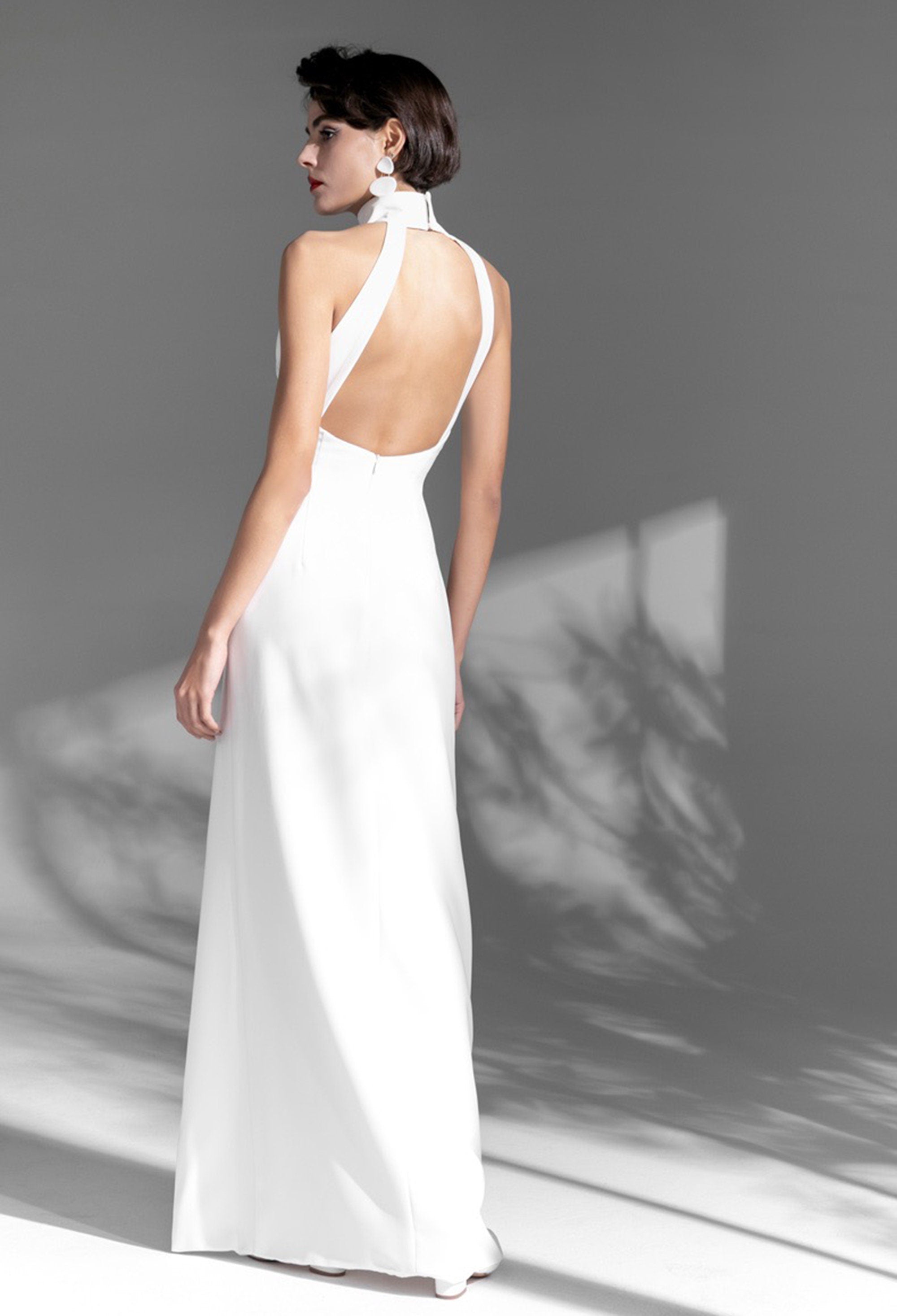 Elegant Haltered Hallowed Back Satin wedding dress thigh Split mini wedding dress SelenaHuanStudio
