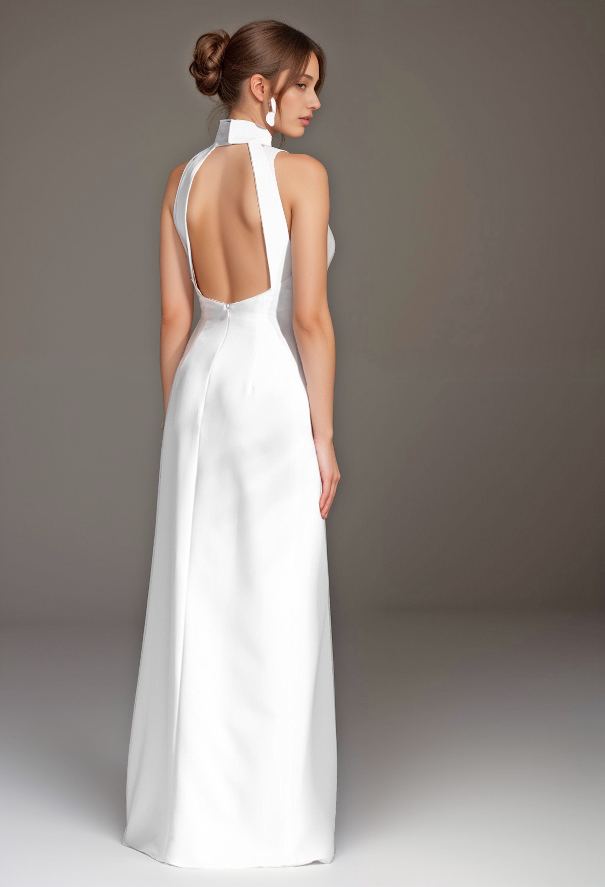 Elegant Haltered Hallowed Back Satin wedding dress thigh Split mini wedding dress SelenaHuanStudio