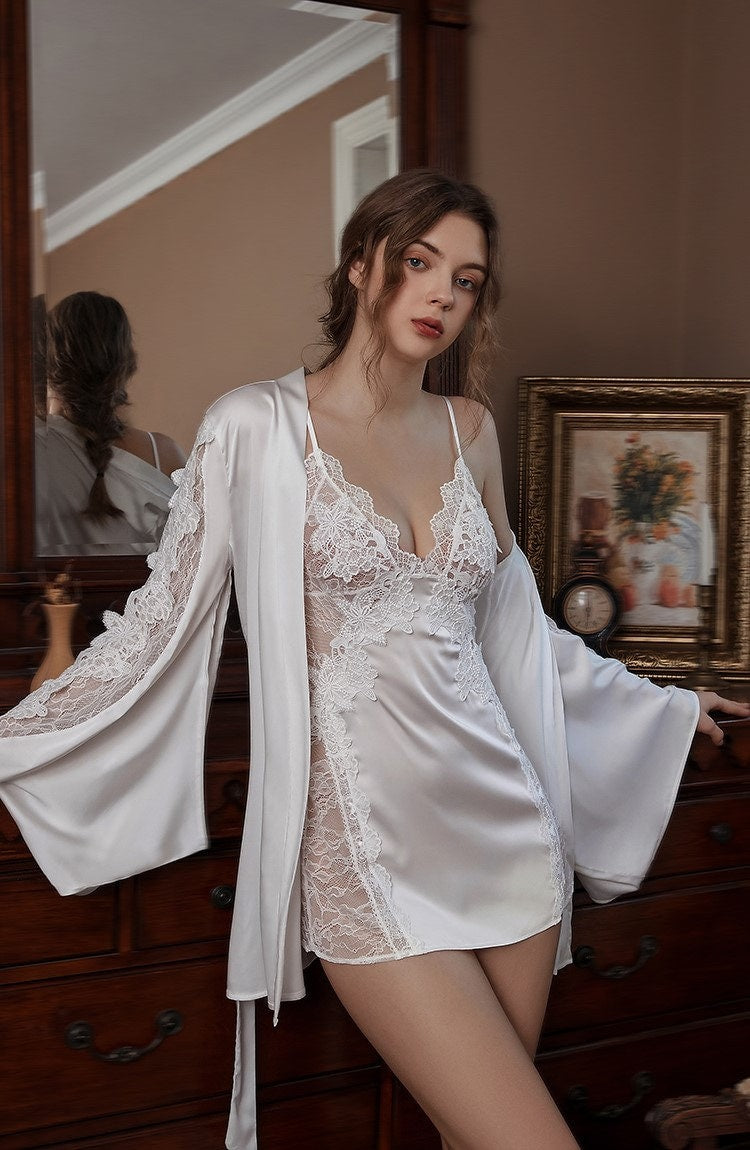 Victorian Style Lace Silky Lingerie Set - Elegant Night Dress & Robe in 3 Colors Next Day Shipping SelenaHuanStudio