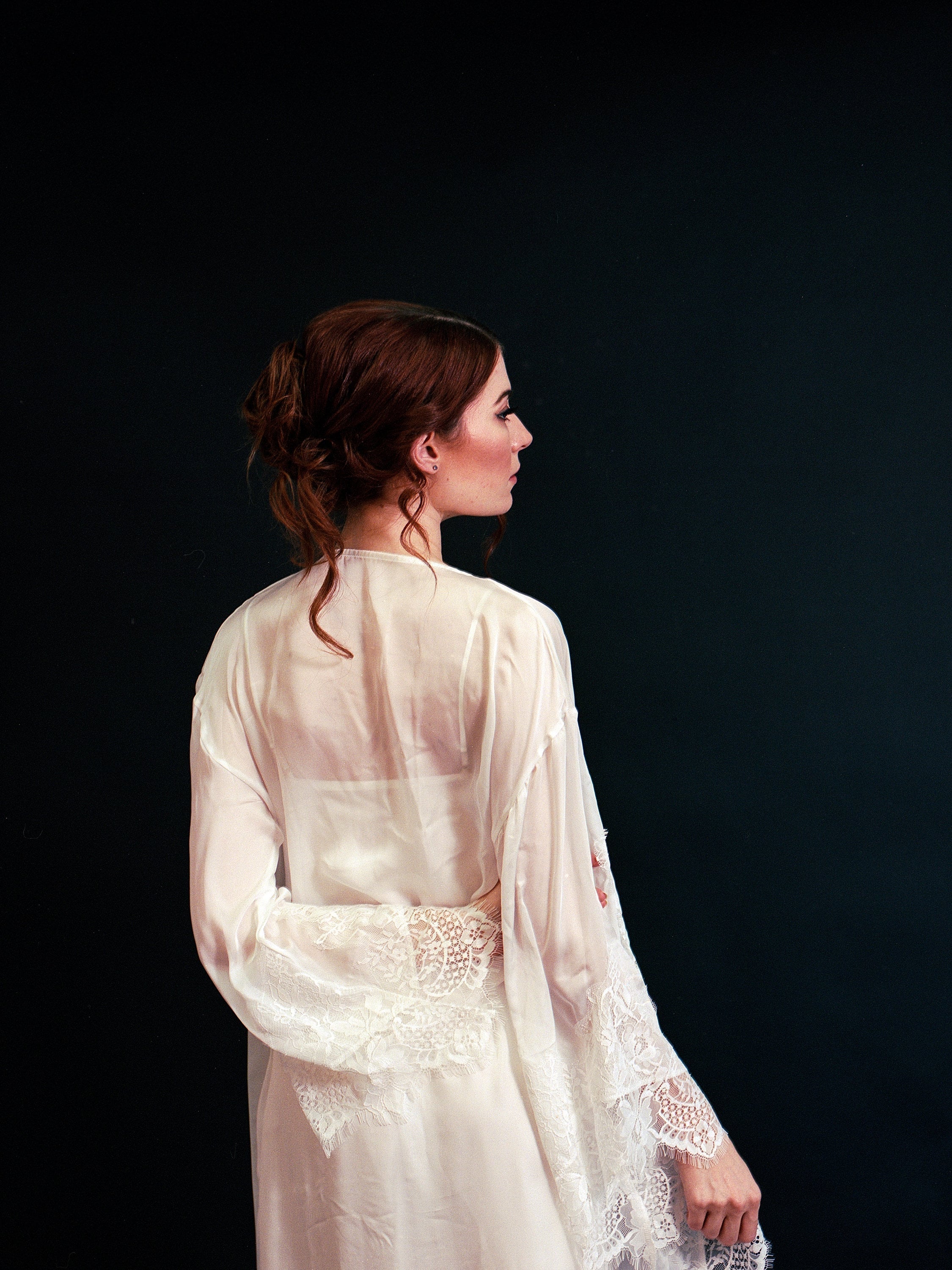 Silky Chiffon Trimmed Lace Long Lingerie Robe with Nightgown SelenaHuanStudio