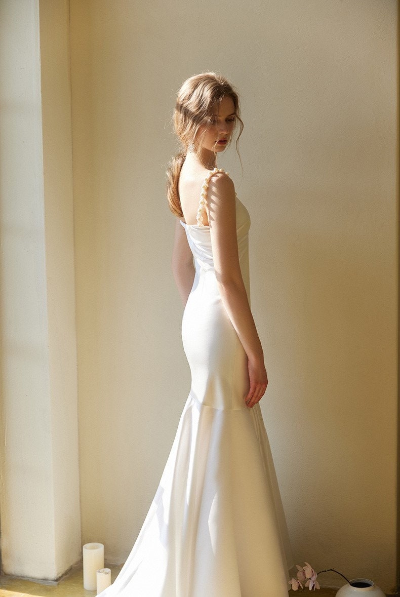 Goddess Style Pearl Beaded Spaghetti-straps Mermaid Satin wedding dress small train SelenaHuanStudio