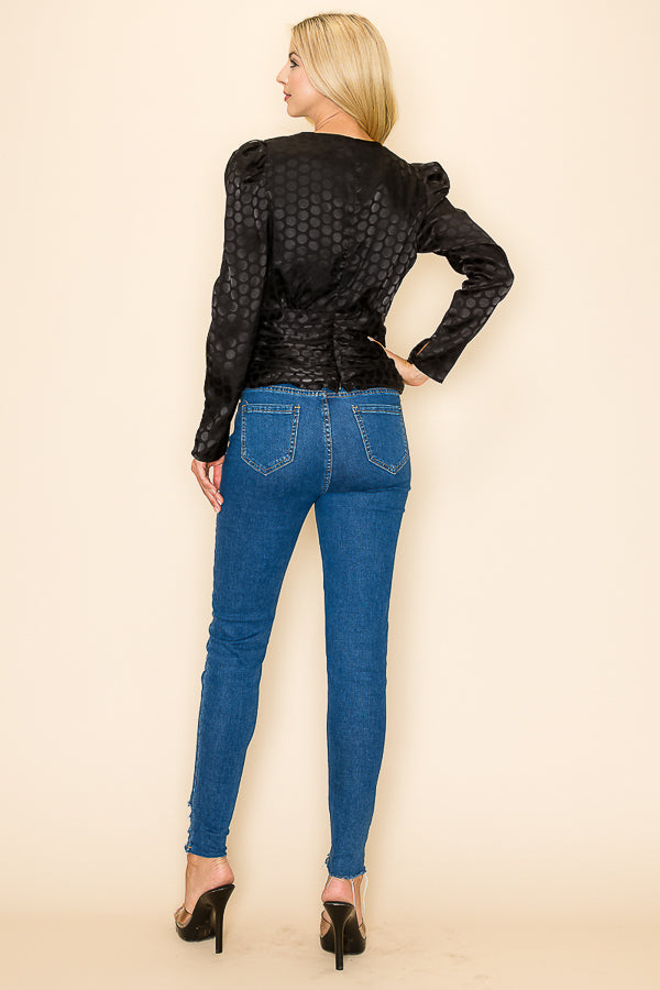 Long Sleeves V neck Top Polka Dot Print Bella Moda Latina