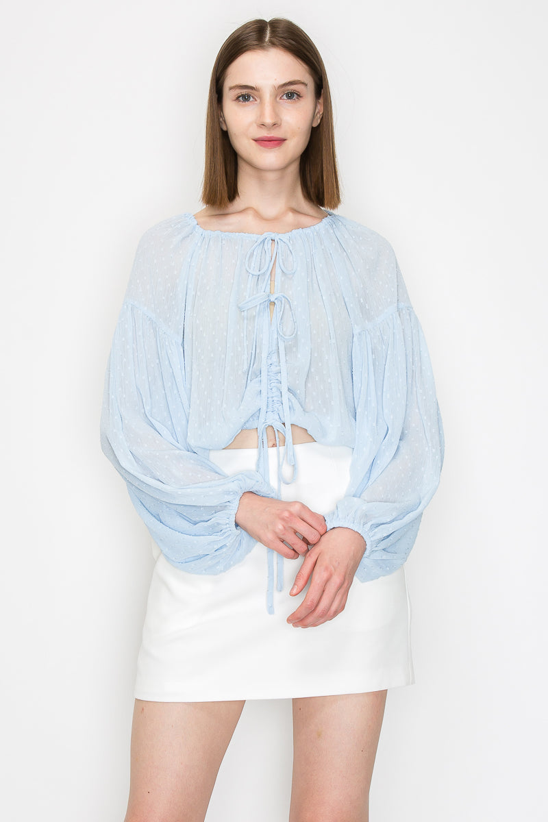Long sleeve dots jacquard chiffon blouse top Bella Moda Latina