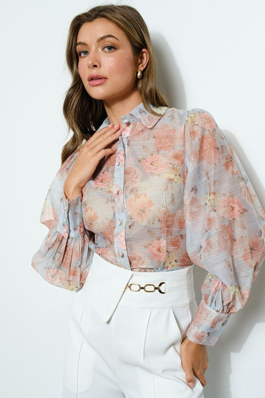 Long Puff Sleeve Floral Print Blouse Top Bella Moda Latina