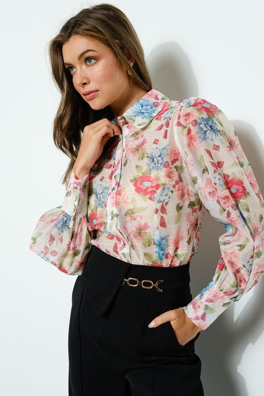 Long Puff Sleeve Floral Print Blouse Top Bella Moda Latina