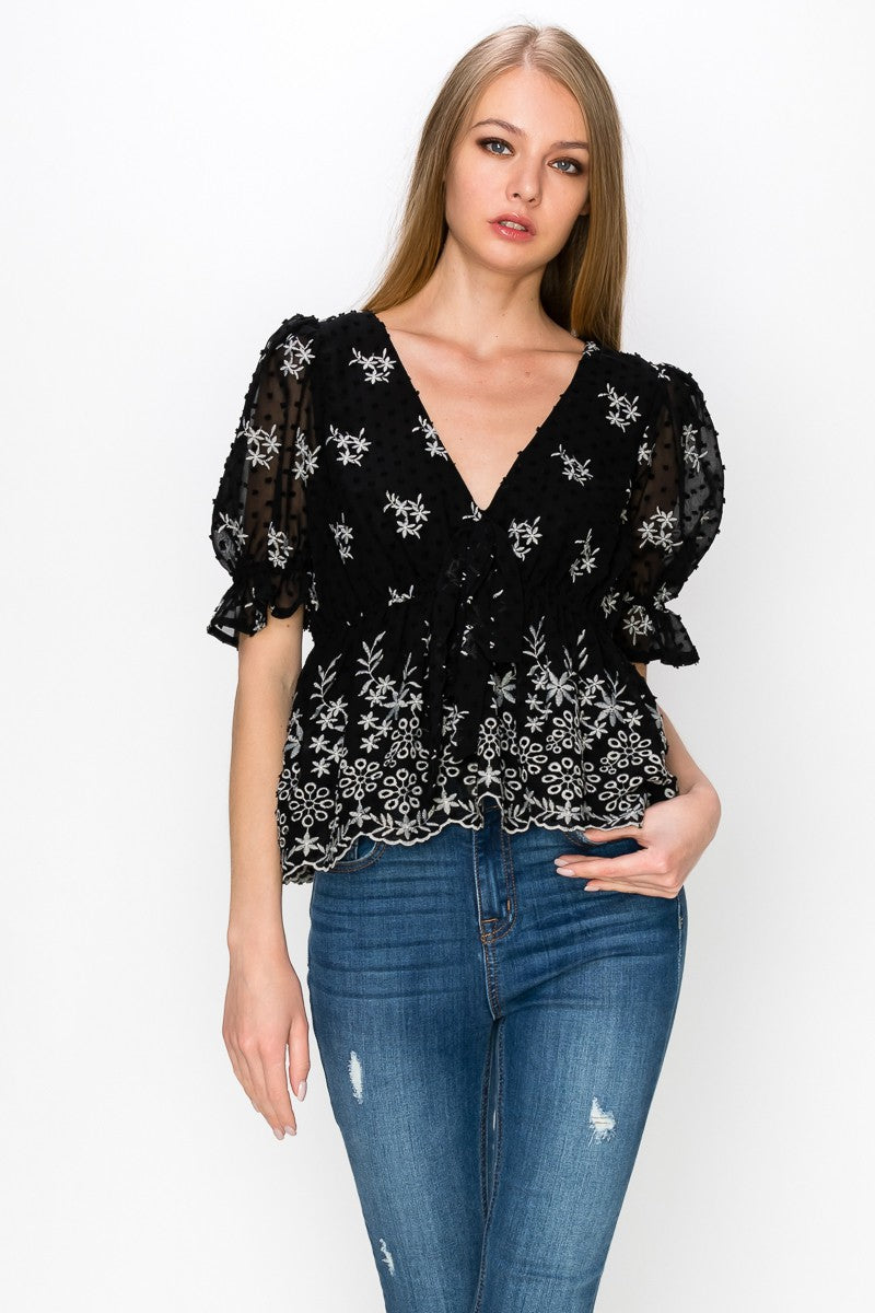 V Neck Puff Short Sleeve Embroidery Top With Self Tie Bow Bella Moda Latina