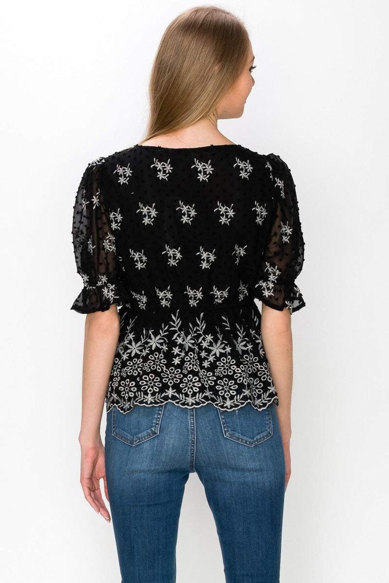 V Neck Puff Short Sleeve Embroidery Top With Self Tie Bow Bella Moda Latina