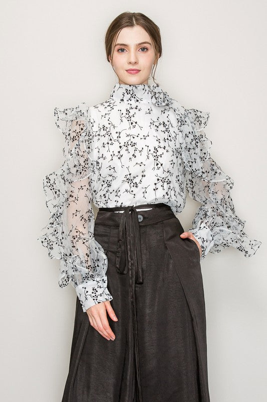 High Neck Long Sleeve Floral Print Frilled Blouse Bella Moda Latina