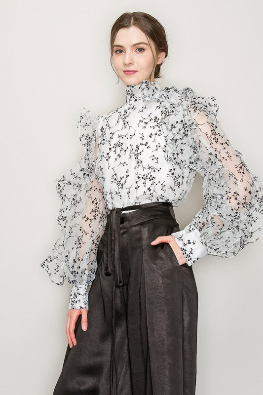 High Neck Long Sleeve Floral Print Frilled Blouse Bella Moda Latina