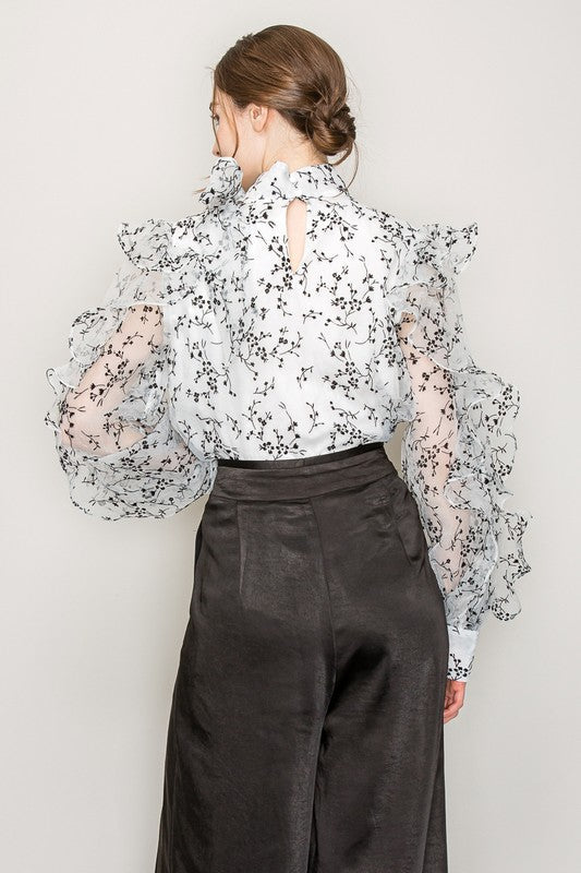 High Neck Long Sleeve Floral Print Frilled Blouse Bella Moda Latina