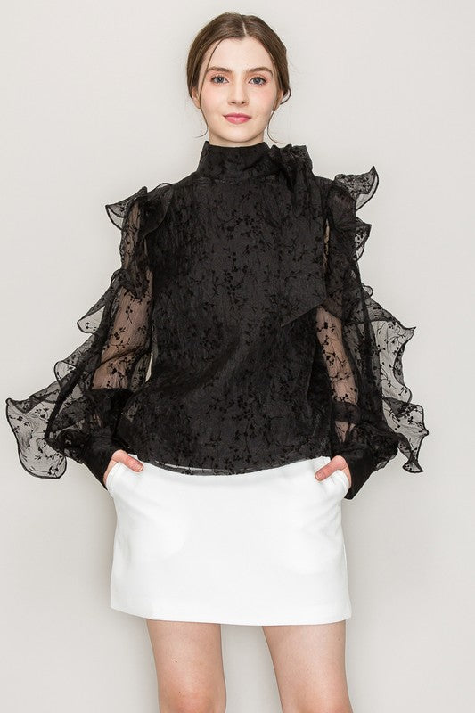 High Neck Long Sleeve Floral Print Frilled Blouse Bella Moda Latina