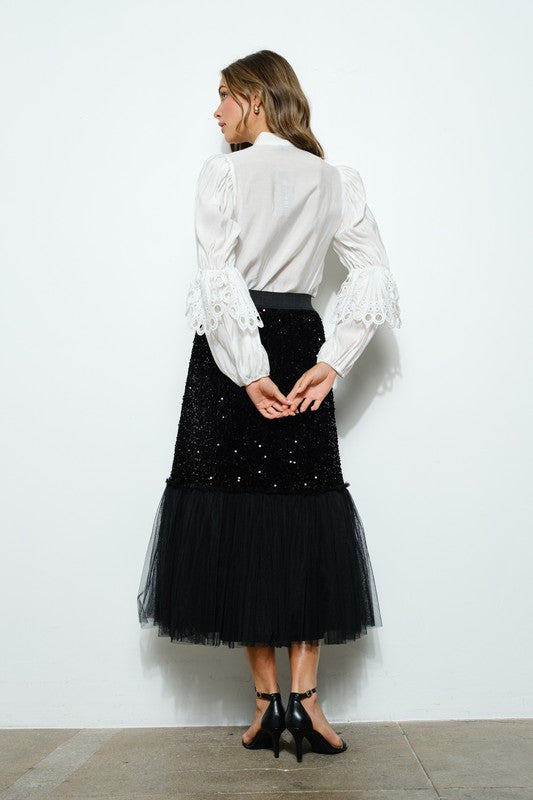 High Neck Long Sleeves Lace Blouse Top Bella Moda Latina