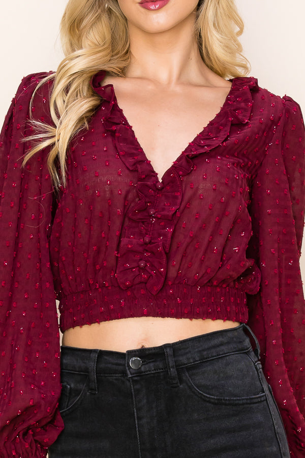 Long Puff Sleeves Ruffle V-Neck Crop Top Bella Moda Latina