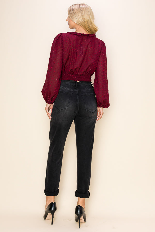 Long Puff Sleeves Ruffle V-Neck Crop Top Bella Moda Latina