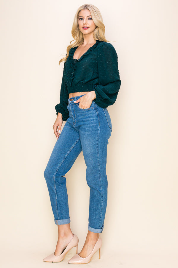 Long Puff Sleeves Ruffle V-Neck Crop Top Bella Moda Latina